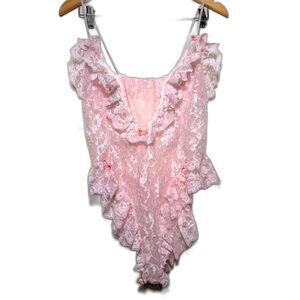 Tosca Lingerie VTG Bodysuit Teddy Pink Ruffles Medium Romantic Frilly Lace V-Day